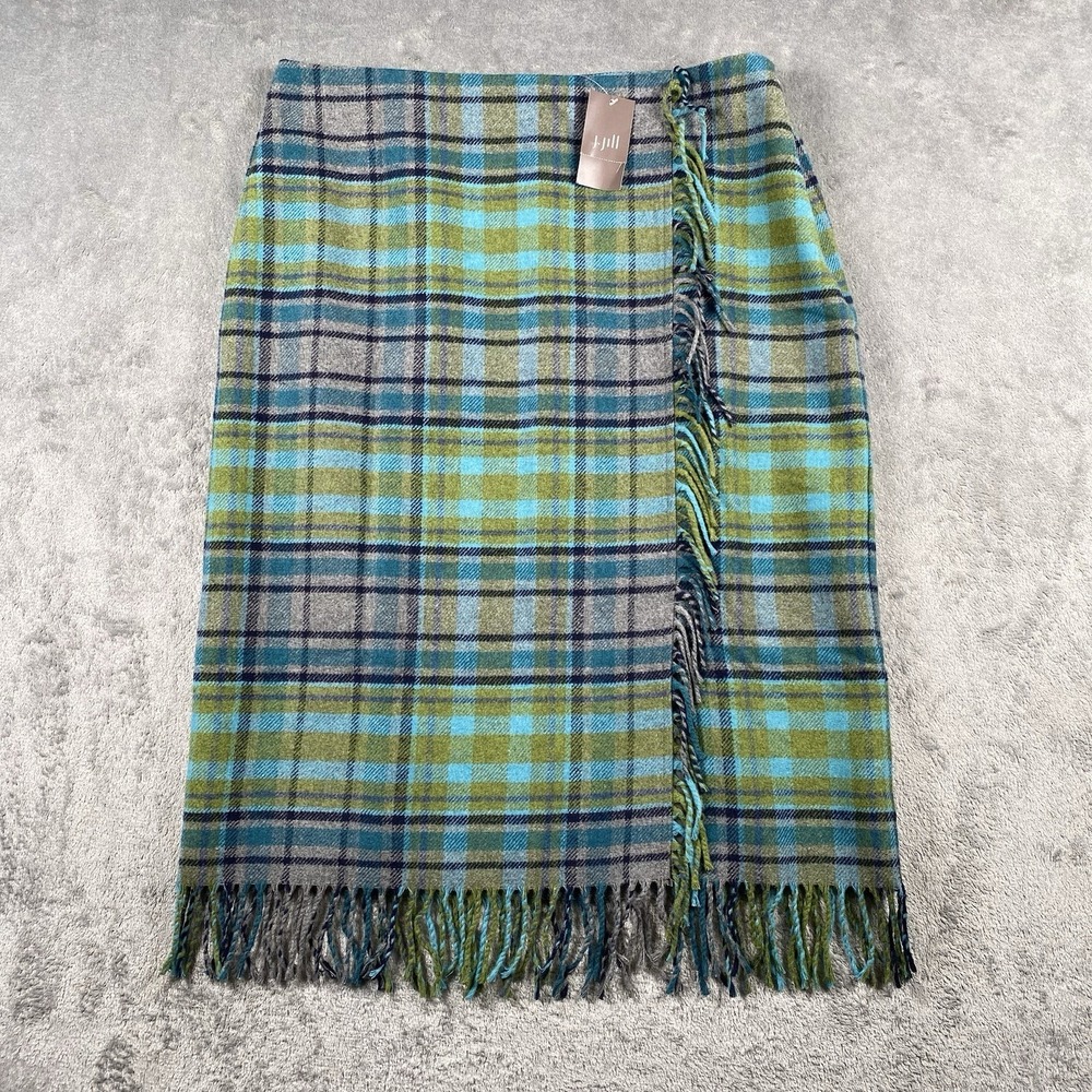 J. Jill Skirt Womens Sz 10 Green Blue Tartan Plaid Blanket Pencil Wool Blend NWT